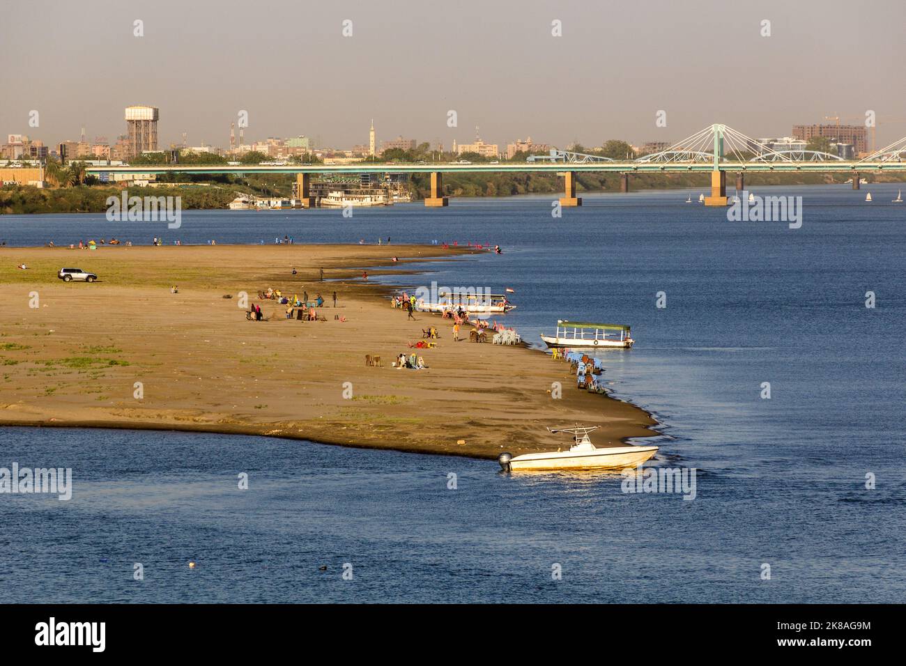 KHARTOUM, SUDAN - MARCH 7, 2019: People enjoy Tuti beach in Khartoum, capital of Sudan Stock Photo
