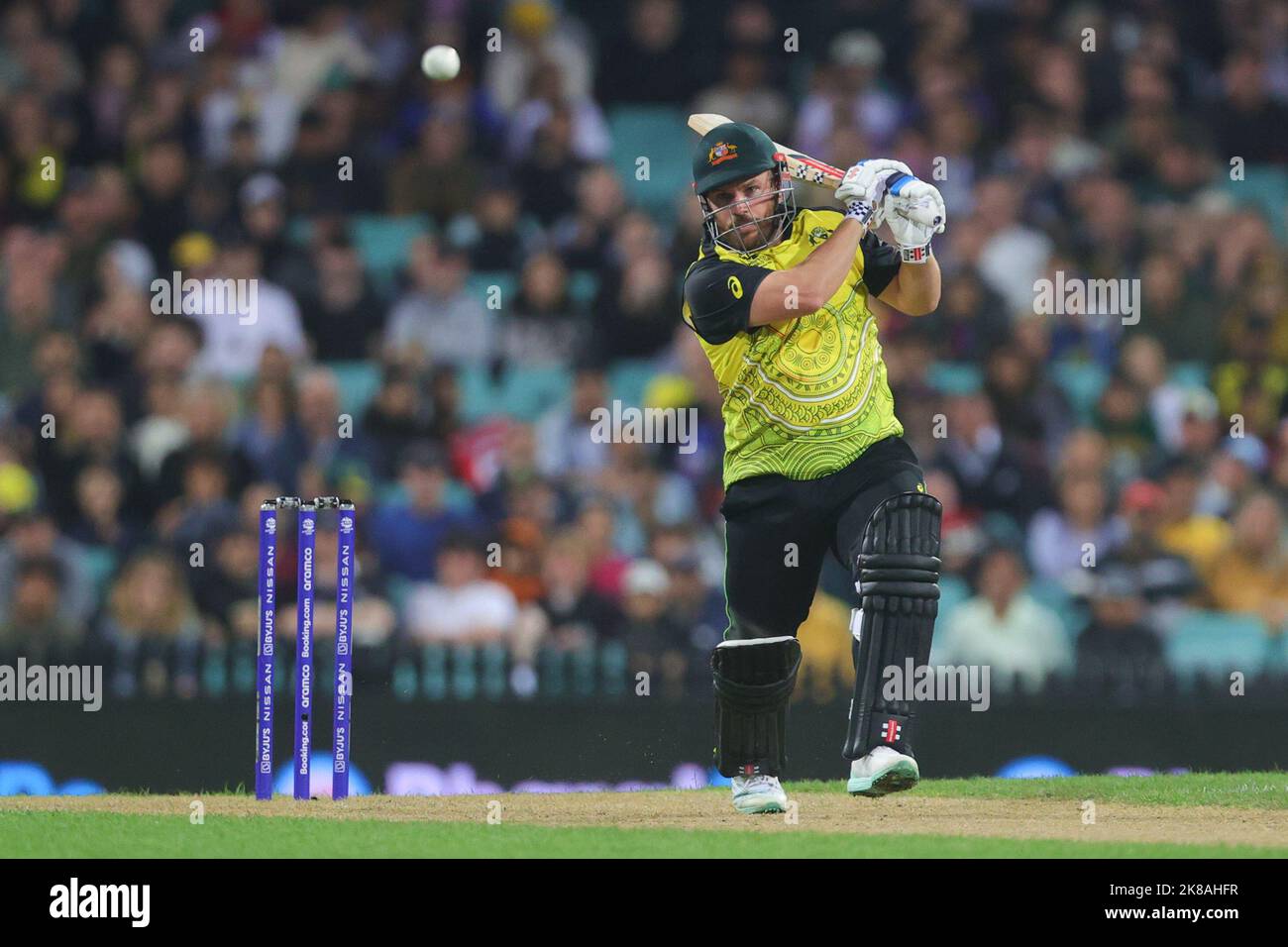 Sydney, Australia. 22nd Oct, 2022. Aaron Finch of Australia plays a shot during the ICC Mens T20 World Cup 2022 match between New Zealand and Australia at Sydney Cricket Ground, Sydney, Australia on 22 October 2022. Photo by Peter Dovgan. Editorial use only, license required for commercial use. No use in betting, games or a single club/league/player publications. Credit: UK Sports Pics Ltd/Alamy Live News Stock Photo