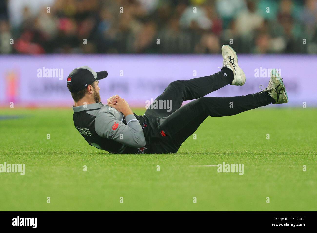 Sydney, Australia. 22nd Oct, 2022. Kane Richardson of New Zealand takes a catch for the wicket of Aaron Finch of Australia during the ICC Mens T20 World Cup 2022 match between New Zealand and Australia at Sydney Cricket Ground, Sydney, Australia on 22 October 2022. Photo by Peter Dovgan. Editorial use only, license required for commercial use. No use in betting, games or a single club/league/player publications. Credit: UK Sports Pics Ltd/Alamy Live News Stock Photo