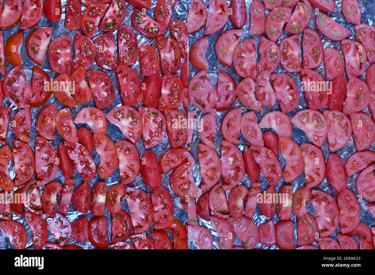 Sliced tomatoes before and after home freezing. High resolution photo