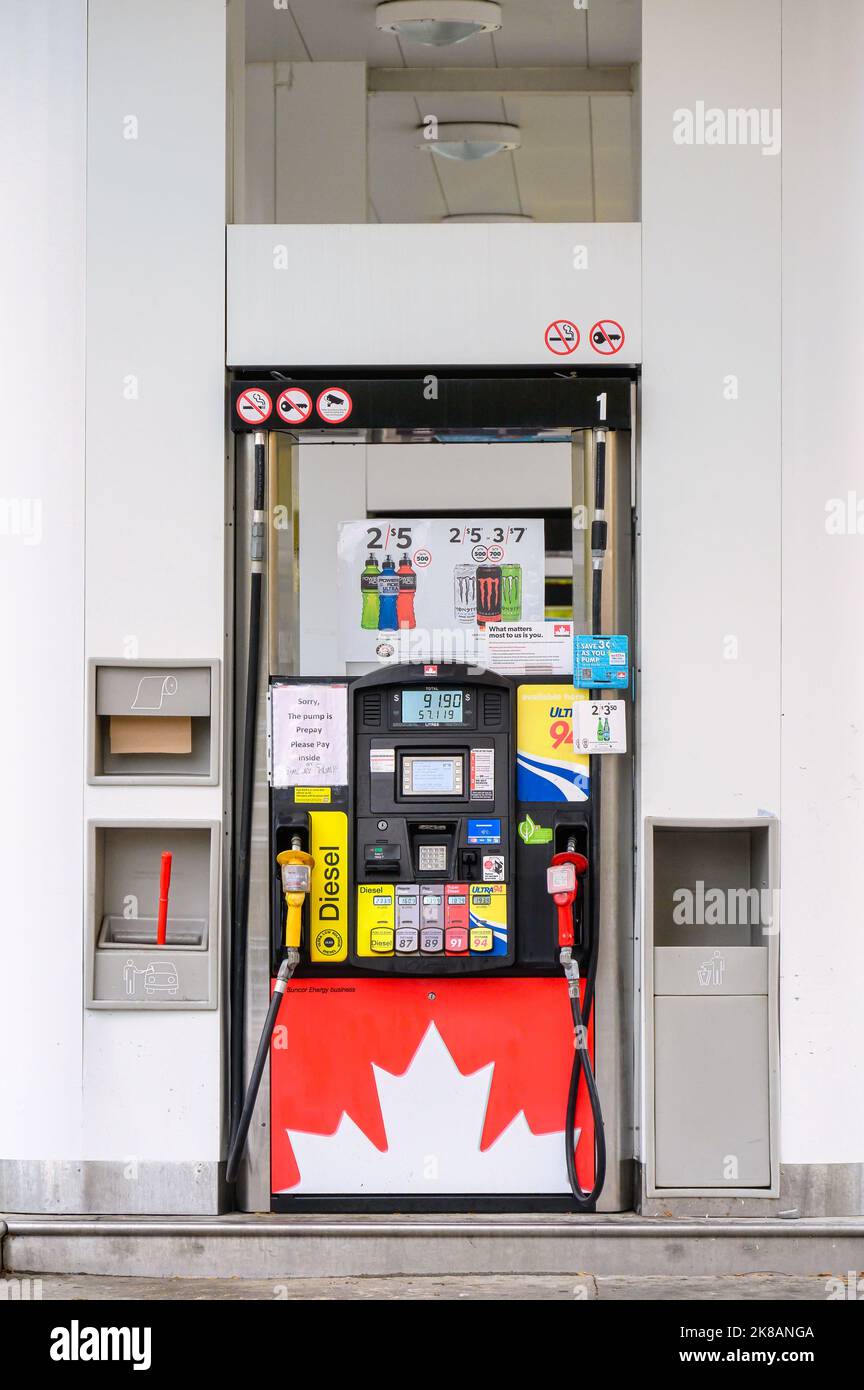 PetroCanada gas station with a pump in the centre. The business logo