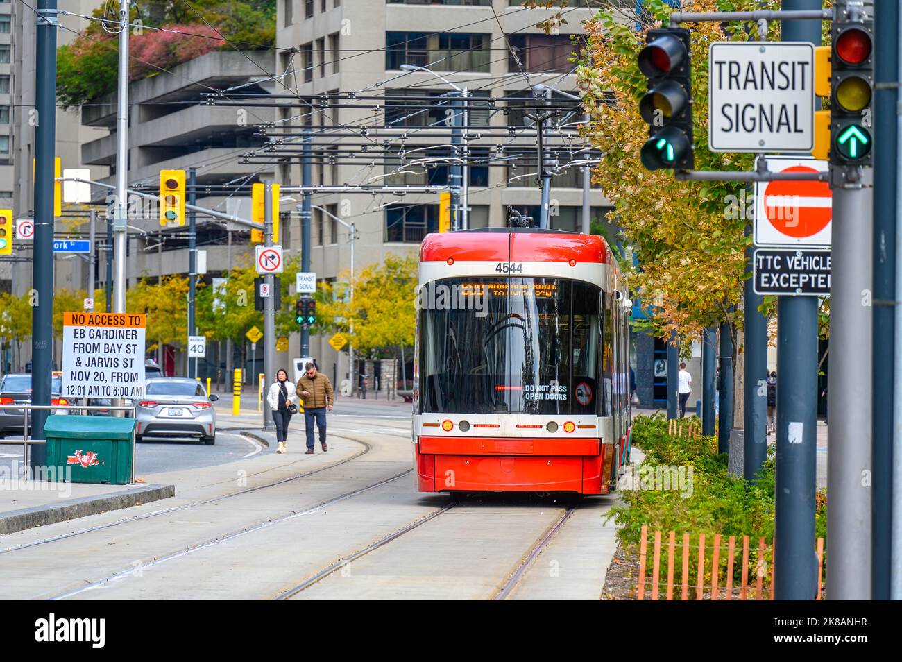 Bombardier streetcar or tram in the waterfront district. The light rail transport is iconic in the Canadian city. Stock Photo