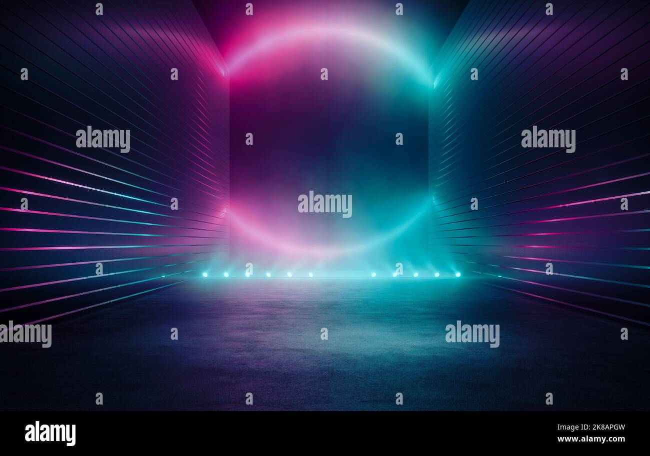 Spotlight neon Circle form glow in neon room with illuminated scene on asphalt with and walls surroundings Stock Photo
