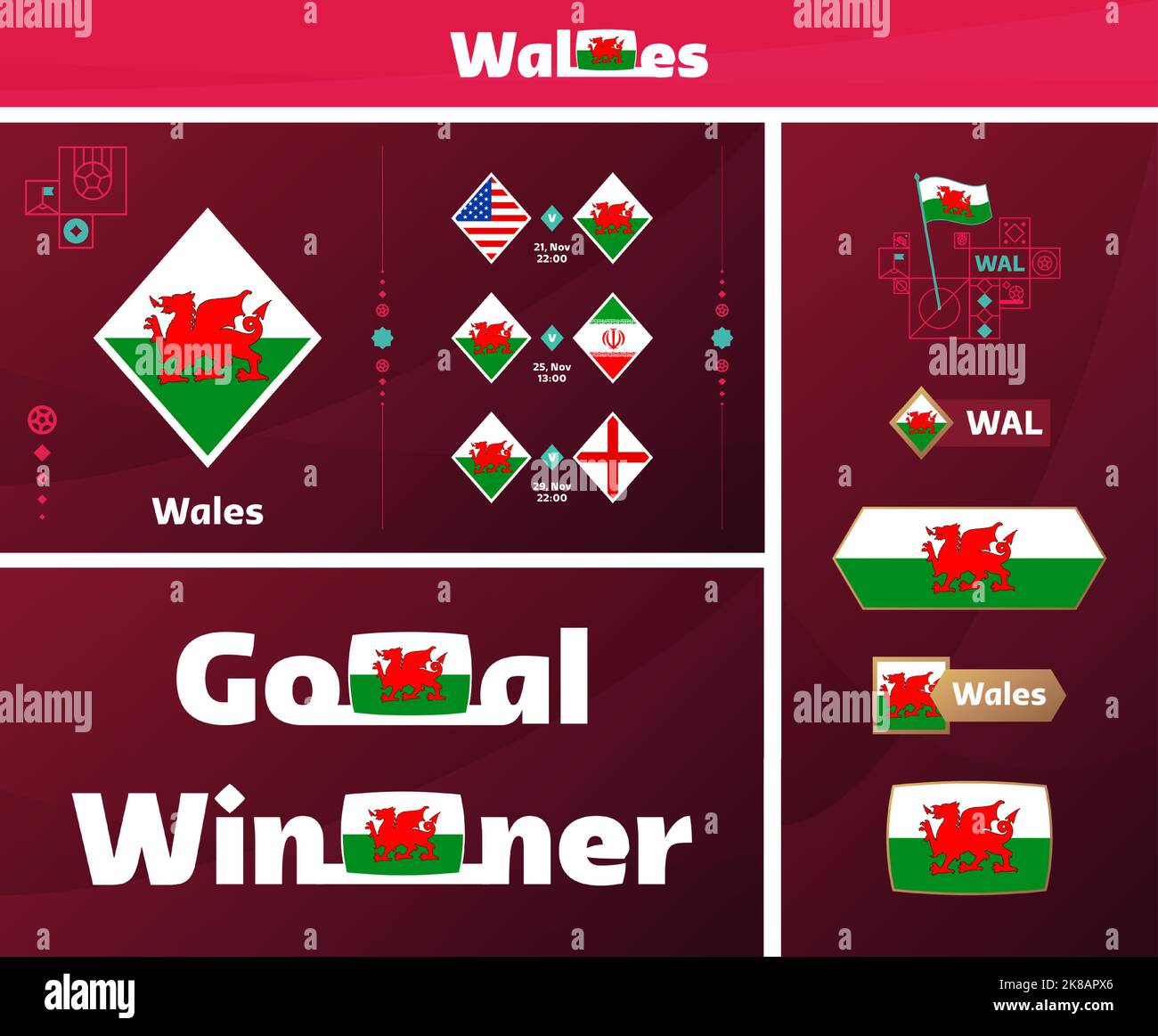 wales national team design media kit graphic collection. 2022 world
