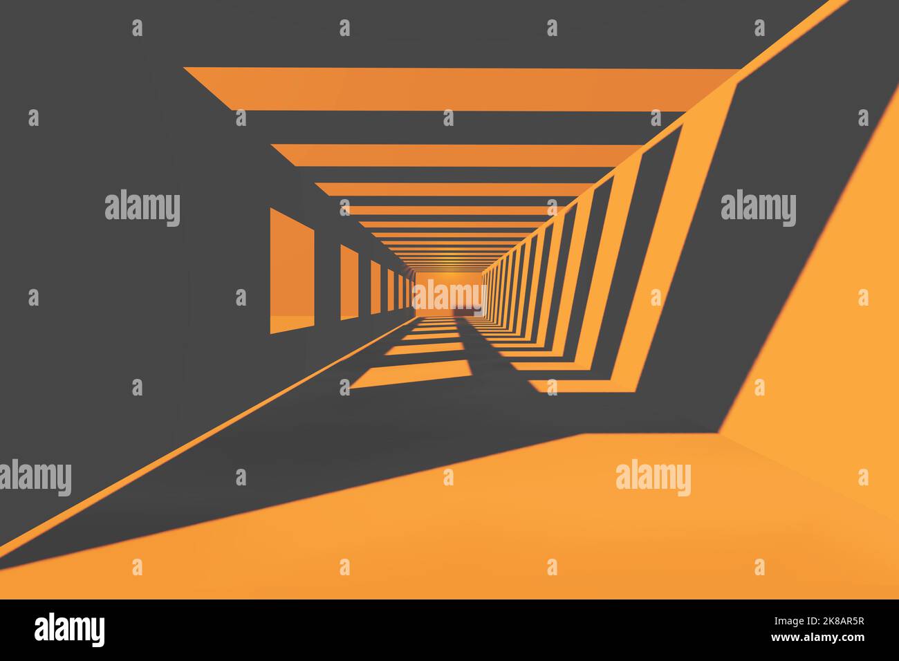 futuristic dark tunnel with orange lights and long deep shadows 3d