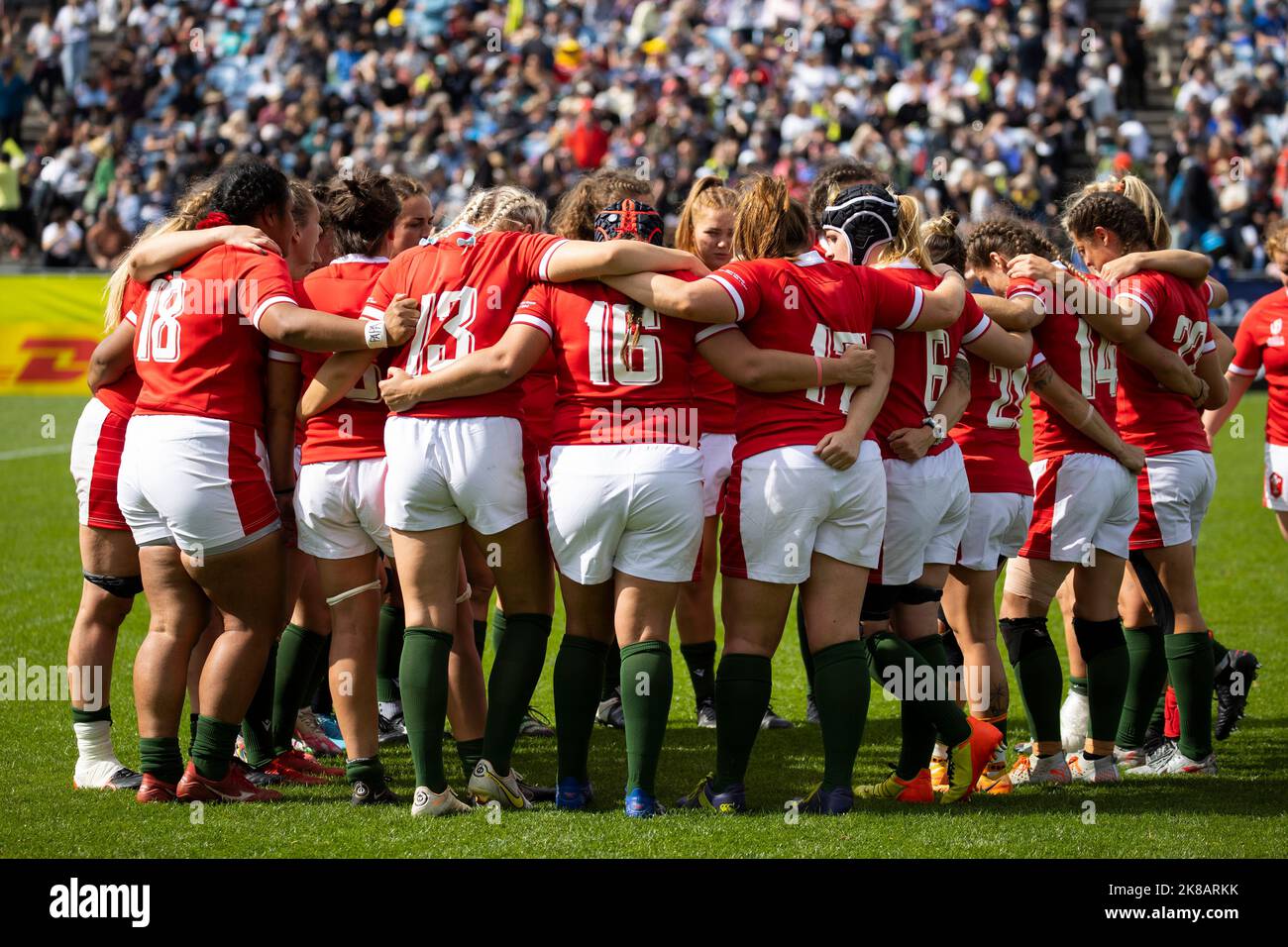 Wales players huddle after their loss to Australia during the Women's Rugby World Cup pool A match at Northland Events Centre in Whangarei, New Zealand. Picture date: Saturday October 22, 2022. Stock Photo