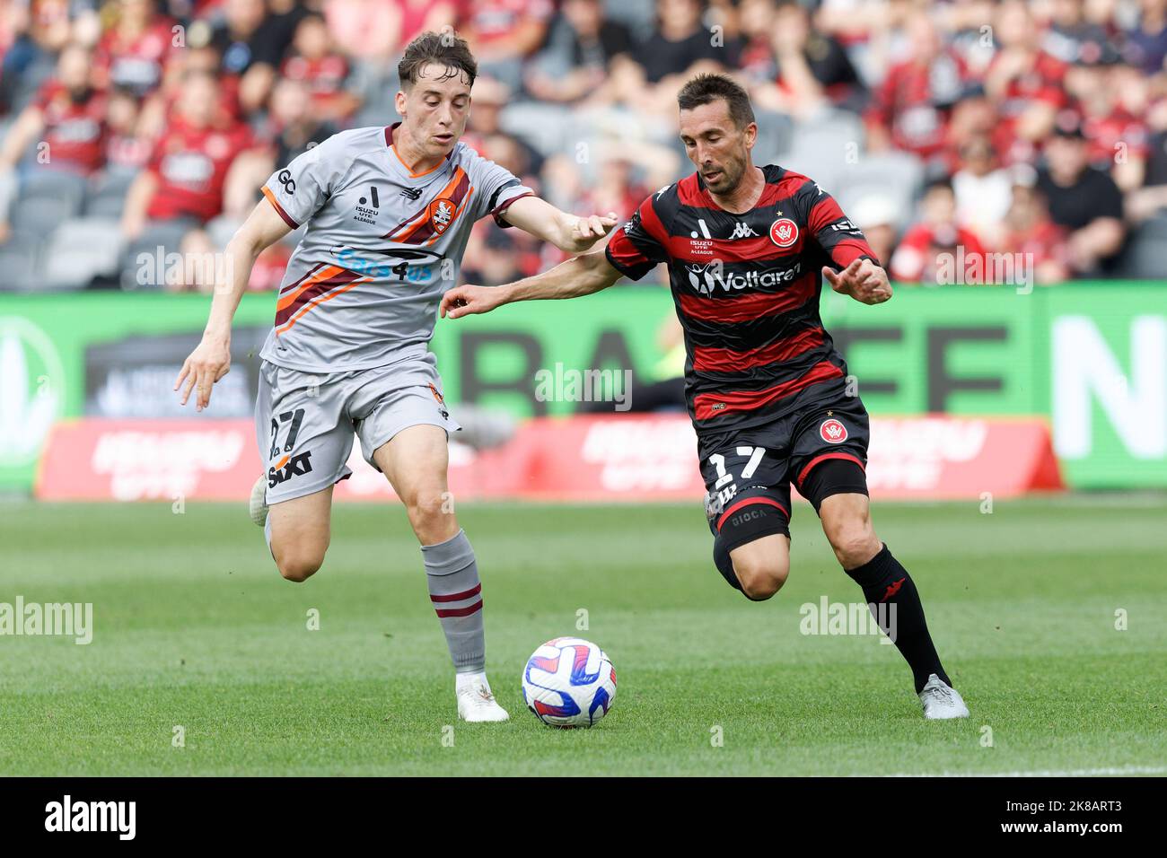 SYDNEY,AUSTRALIA-OCTOBER 22: Romain Amalfitano of Wanderers competes for the ball with Kai Trewin of Brisbane Roar during the match between Western Sydney Wanderers and Brisbane Roar at CommBank Stadium Credit: IOIO IMAGES/Alamy Live News Stock Photo