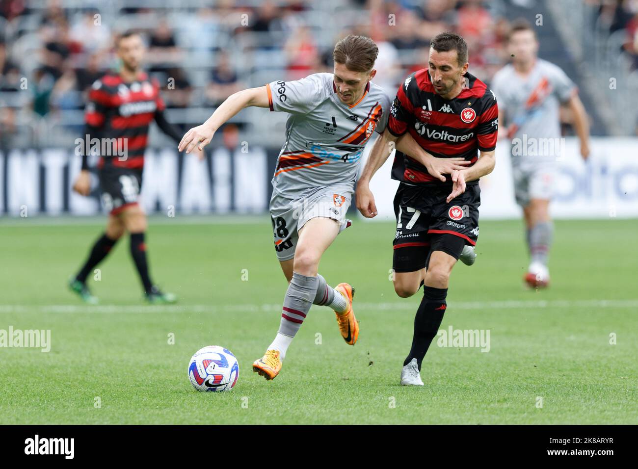 SYDNEY,AUSTRALIA-OCTOBER 22: Romain Amalfitano  of Wanderers competes for the ball with Joseph Knowles of Brisbane Roar during the match between Western Sydney Wanderers and Brisbane Roar at CommBank Stadium Credit: IOIO IMAGES/Alamy Live News Stock Photo