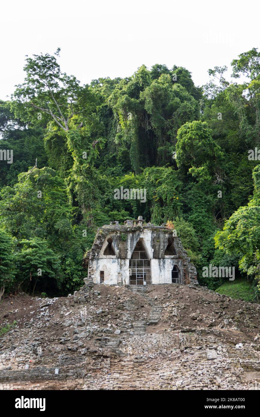 View of the Maya archeological site of Palenque in Chiapas, Mexico. Mayan ruins and ancient building: Temple of the Foliated Cross Stock Photo