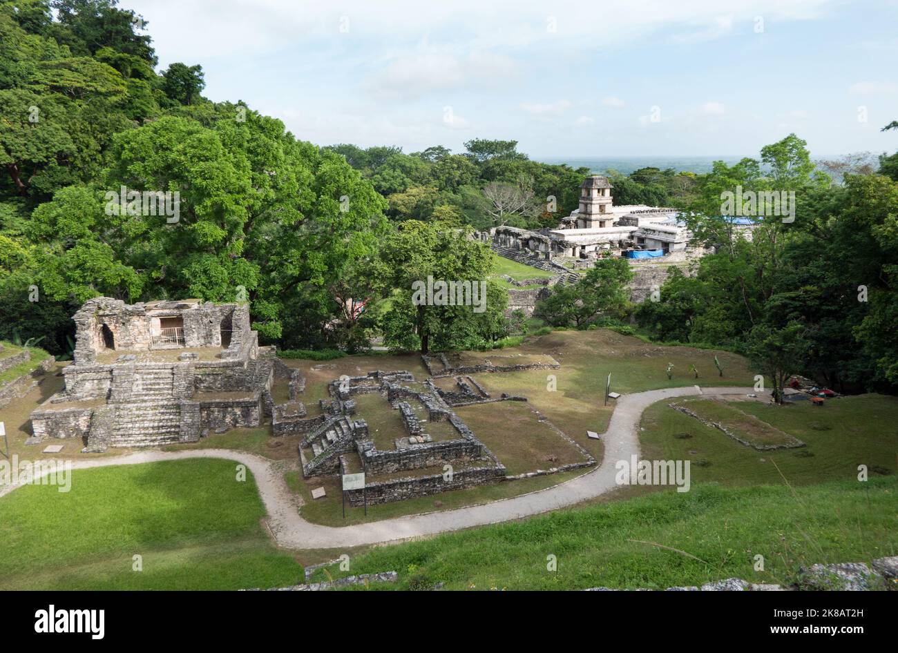 General view of the Maya archeological site of Palenque in Chiapas, Mexico. Mayan ruins and ancient buildings Stock Photo