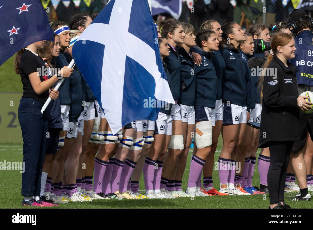 Scotland during the national anthem before the Women's Rugby World Cup pool A match at Northland Events Centre in Whangarei, New Zealand. Picture date: Saturday October 22, 2022. Stock Photo