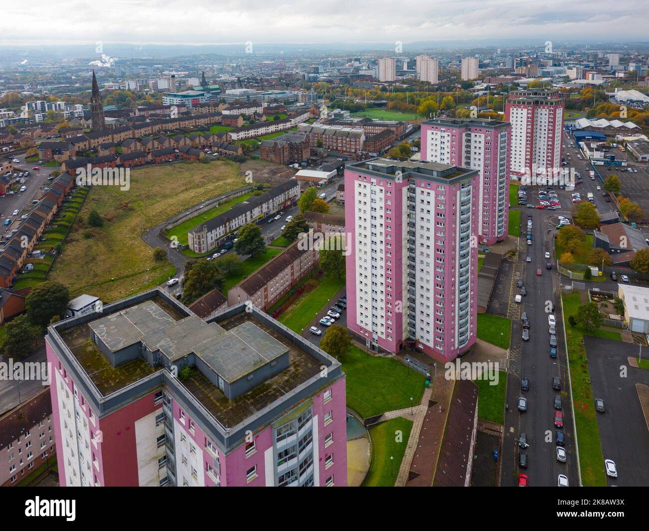 Aerial view of high rise blocks of flats at Royston in Glasgow