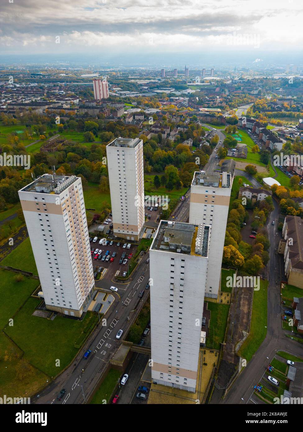 Aerial view of high rise blocks of flats at Springburn in Glasgow, Scotland, UK Stock Photo