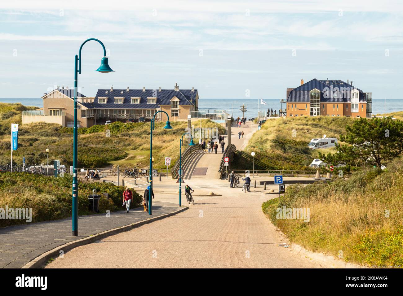 Road to the popular beach at the seaside resort of De Koog on the island of Texel. Stock Photo