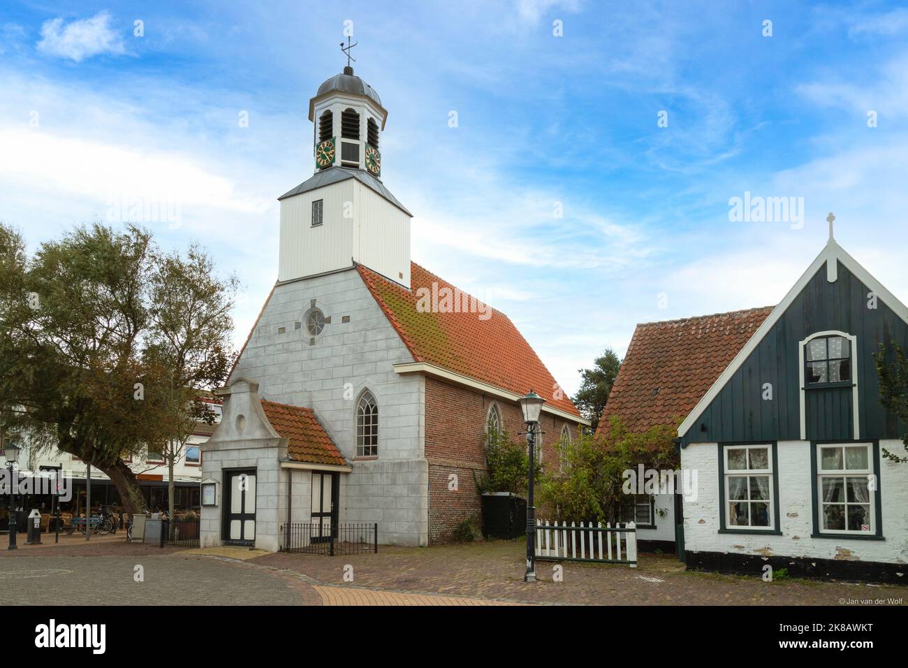 Reformed church in the center of the small touristic village De Koog on the Wadden Island of Texel, the Netherlands. Stock Photo