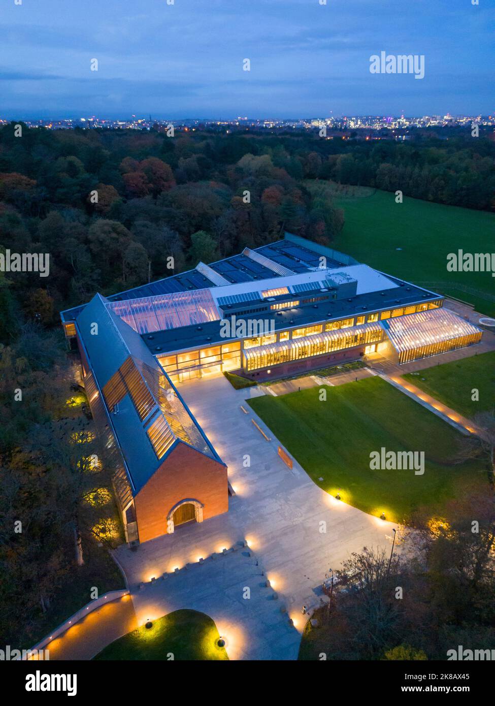 View of The Burrell Collection museum at dusk in Pollok Country Park, Glasgow, Scotland, UK Stock Photo