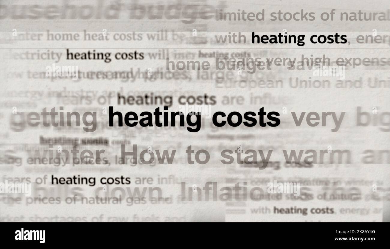 Headline news across international media with Heating costs, crisis, energy inflation, rising prices and bill. Abstract concept of news titles on nois Stock Photo