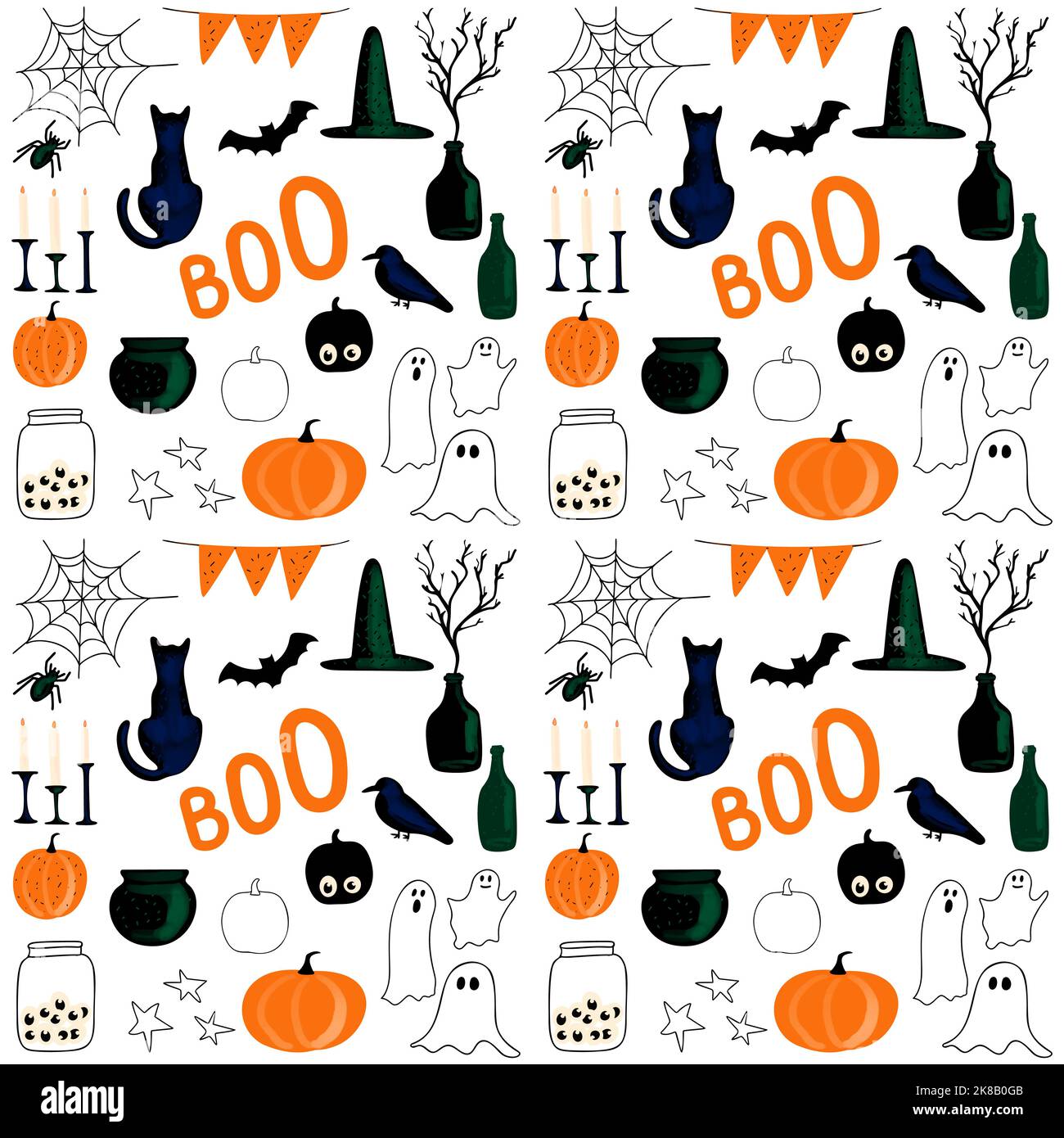 Halloween seamless pattern with illustration in black orange and white ...
