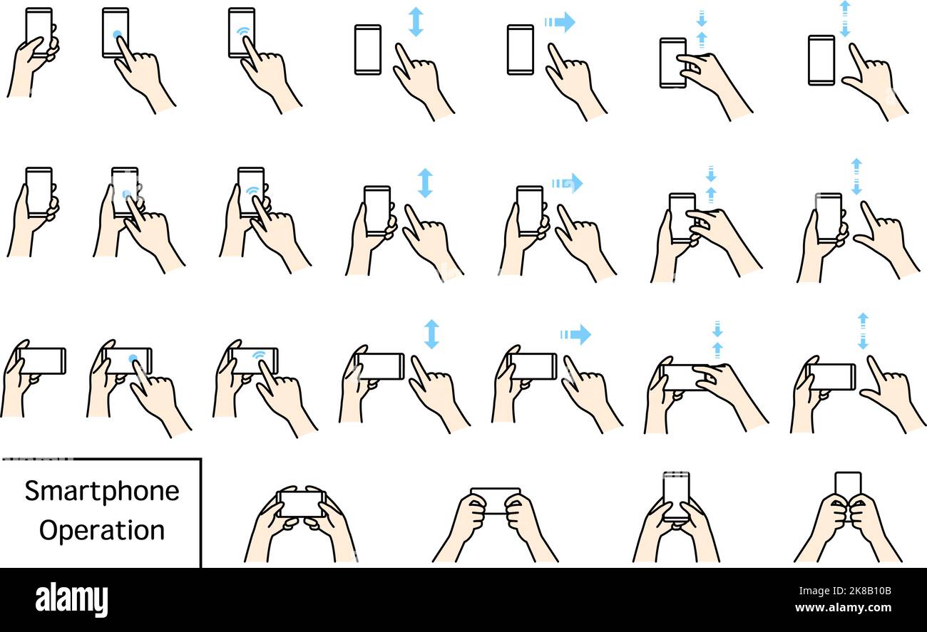 Illustration of actions to operate a smartphone (pinch, zoom, swipe