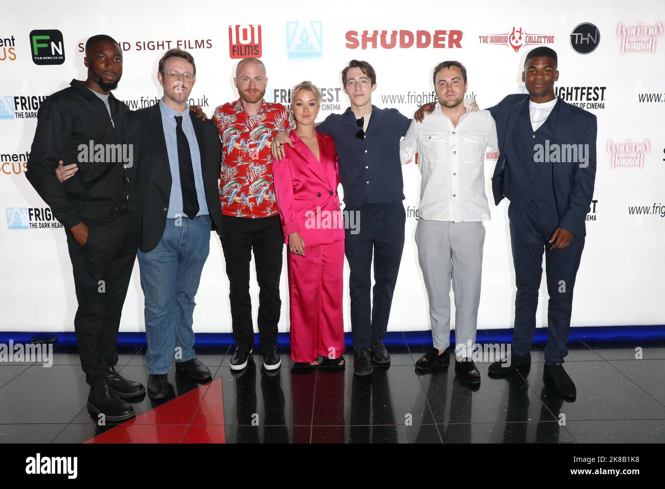 Nobuse Jnr., Ben Jacques,Tommy Boulding, Hannah Traylen, Louis Walwyn, Ross Coles and Malachi Pullar-Latchman attend 'The Hounded' film premiere at Ar Stock Photo