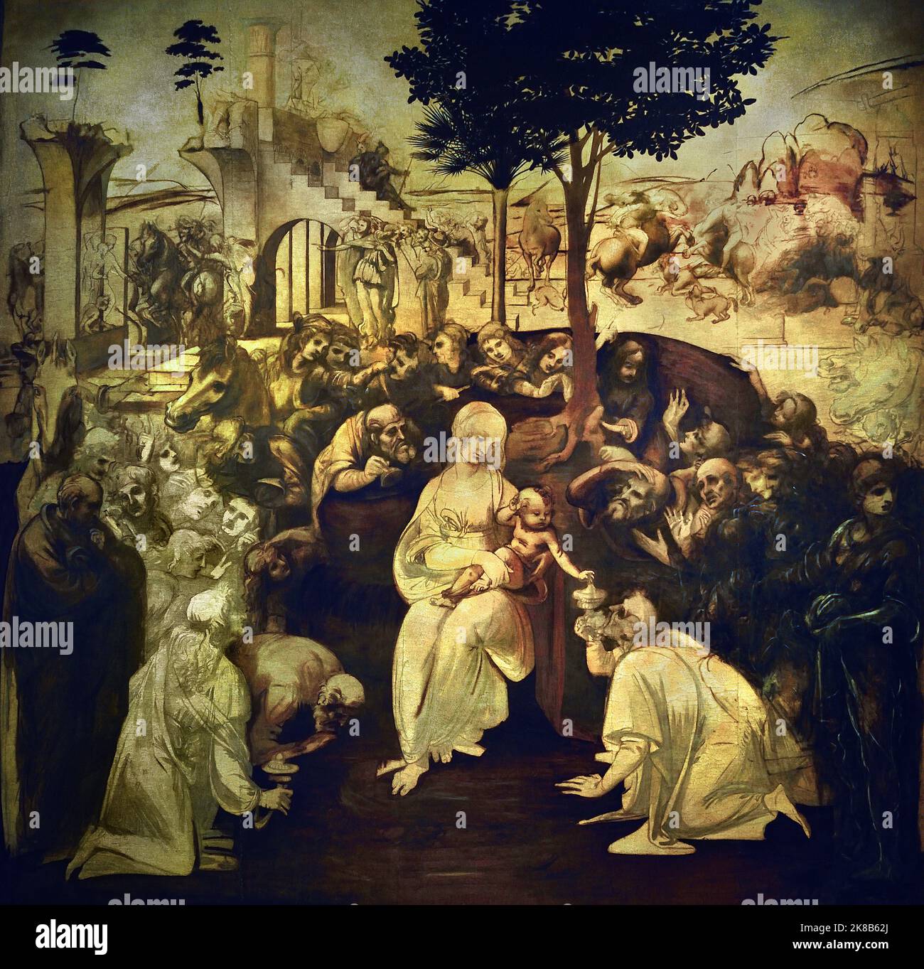 Adoration of the Magi, (San Donato in Scopeto), Leonardo da Vinci, (Vinci 1452 – Amboise 1519) , Florence, Italy. (  In September 1481, Leonardo was still working on the painting, but later he left Florence for the court of Ludovico Sforza in Milan, interrupting the painting he was producing for the church of San Donato in Scopeto. ) Stock Photo
