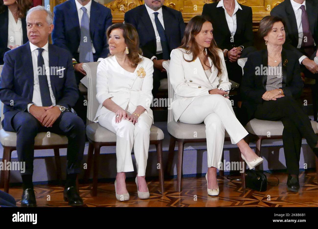 Rome, Italy. 22nd Oct, 2022. New Italian Ministers are going to swear the oath of Loyalty to the Italian Republic in Salone delle Feste at Palazzo del Quirinale, Rome, Italy, October 22 2022. From left to right, Matteo Piantedosi (Interior Minister) Elisabetta Casellati (Minister for Reforms) Alessandra Locatelli (Minister for Disabilities) Eugenia Roccella (Minister for Family and Equality politics). (Photo by Elisa Gestri/SIPA USA) Credit: Sipa USA/Alamy Live News Stock Photo