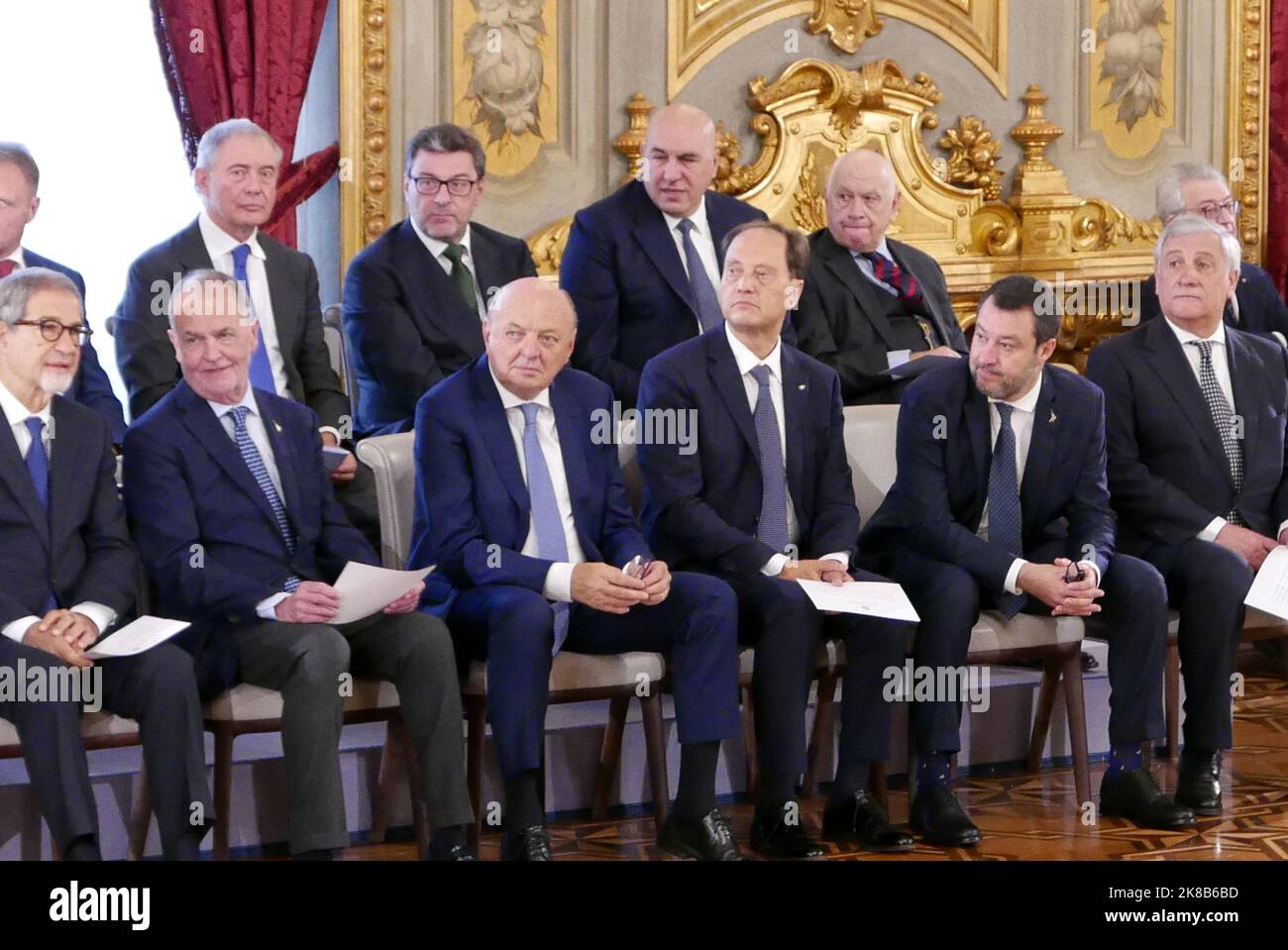 Rome, Italy. 22nd Oct, 2022. New Italian Ministers are going to swear the oath of Loyalty to the Italian Republic in Salone delle Feste at Palazzo del Quirinale, Rome, Italy, October 22 2022. On the far right in the first row, the two Deputy Prime Ministers Matteo Salvini and Antonio Tajani. (Photo by Elisa Gestri/SIPA USA) Credit: Sipa USA/Alamy Live News Stock Photo