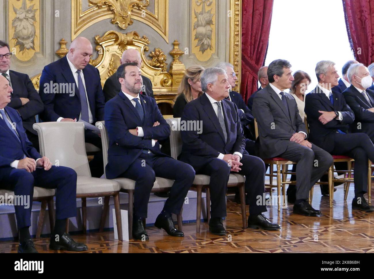 Rome, Italy. 22nd Oct, 2022. New Italian Ministers are going to swear the oath of Loyalty to the Italian Republic in Salone delle Feste at Palazzo del Quirinale, Rome, Italy, October 22 2022. In the middle of the first row, the two Deputy Prime Ministers Matteo Salvini and Antonio Tajani. (Photo by Elisa Gestri/SIPA USA) Credit: Sipa USA/Alamy Live News Stock Photo