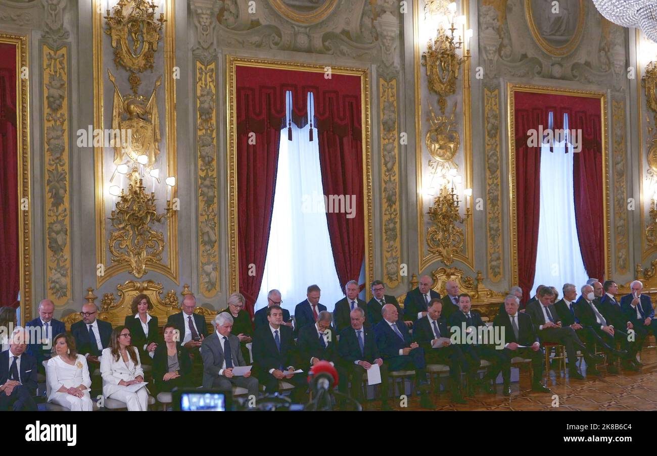 Rome, Italy. 22nd Oct, 2022. The new Italian ministers seat in Salone delle Feste at Palazzo del Quirinale, Rome, Italy, October 22 2022. There new Italian Prime Minister Giorgia Meloni and her Cabinet of Ministers sworn the oath of Loyalty to the Italian Republic. (Photo by Elisa Gestri/SIPA USA) Credit: Sipa USA/Alamy Live News Stock Photo