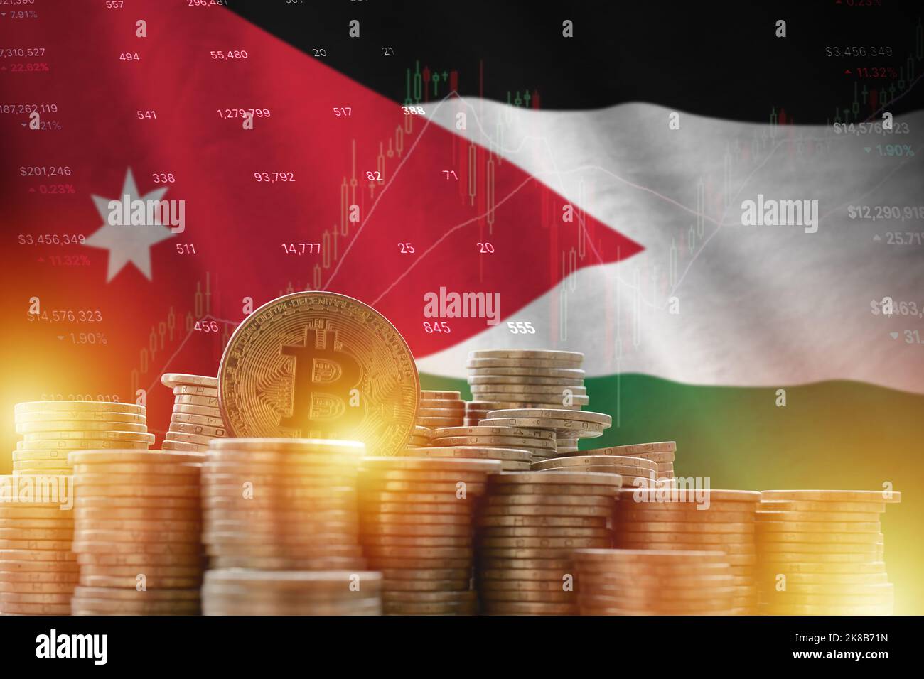 Jordan flag and big amount of golden bitcoin coins and trading platform  chart. Crypto currency concept Stock Photo - Alamy