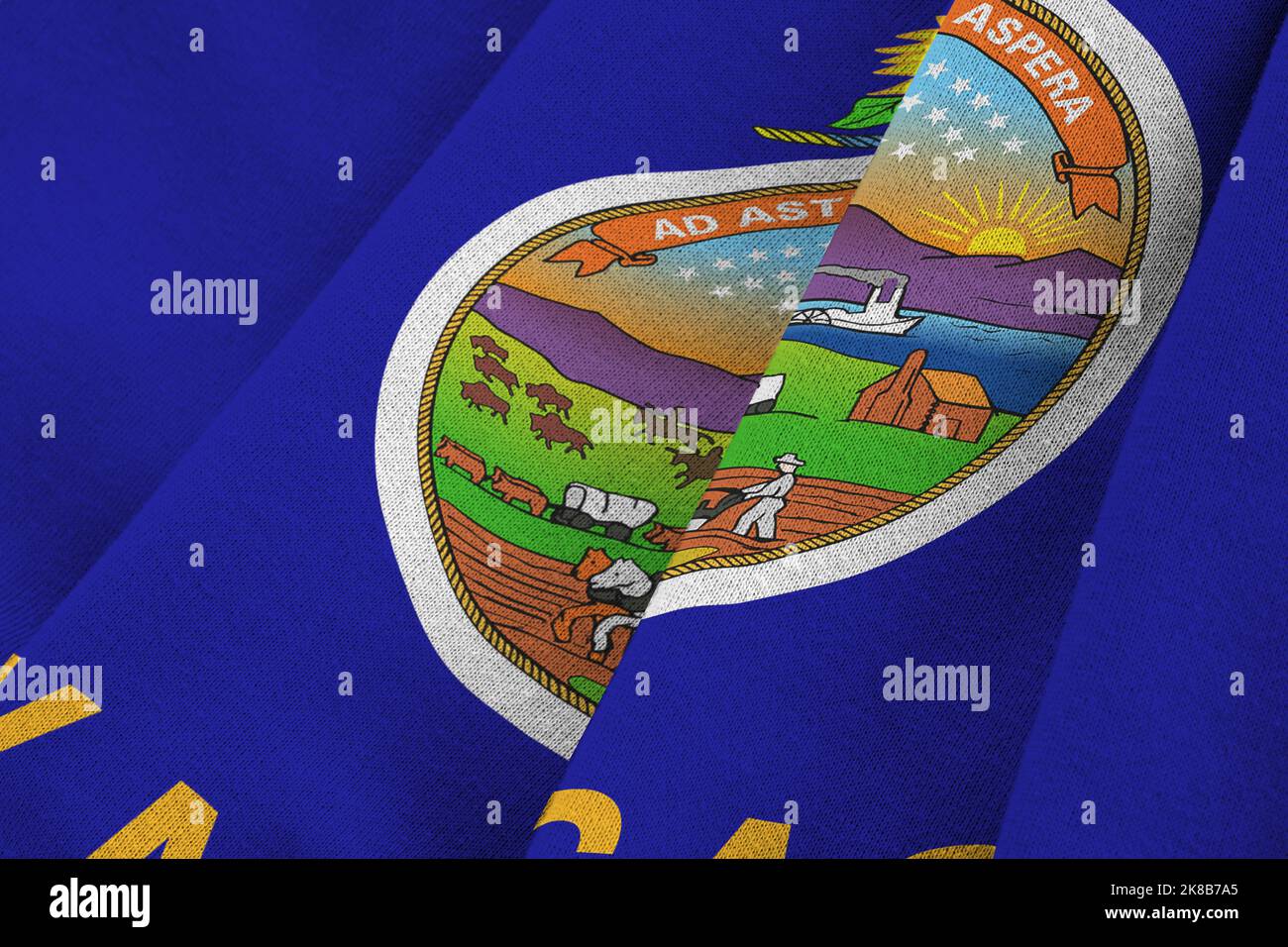 Kansas US state flag with big folds waving close up under the studio