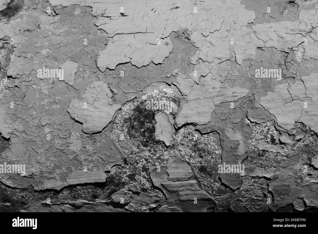 Old deteriorating paint peeling from the metal surface in a black and