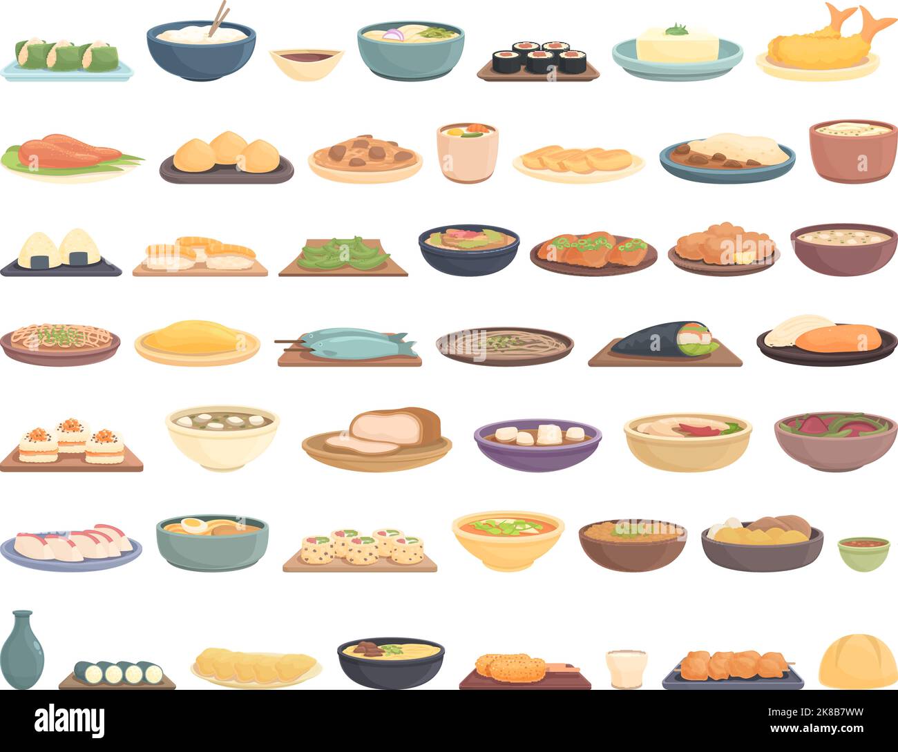 Japanese food icons set cartoon vector. Japan tempura. Asian mochi Stock Vector