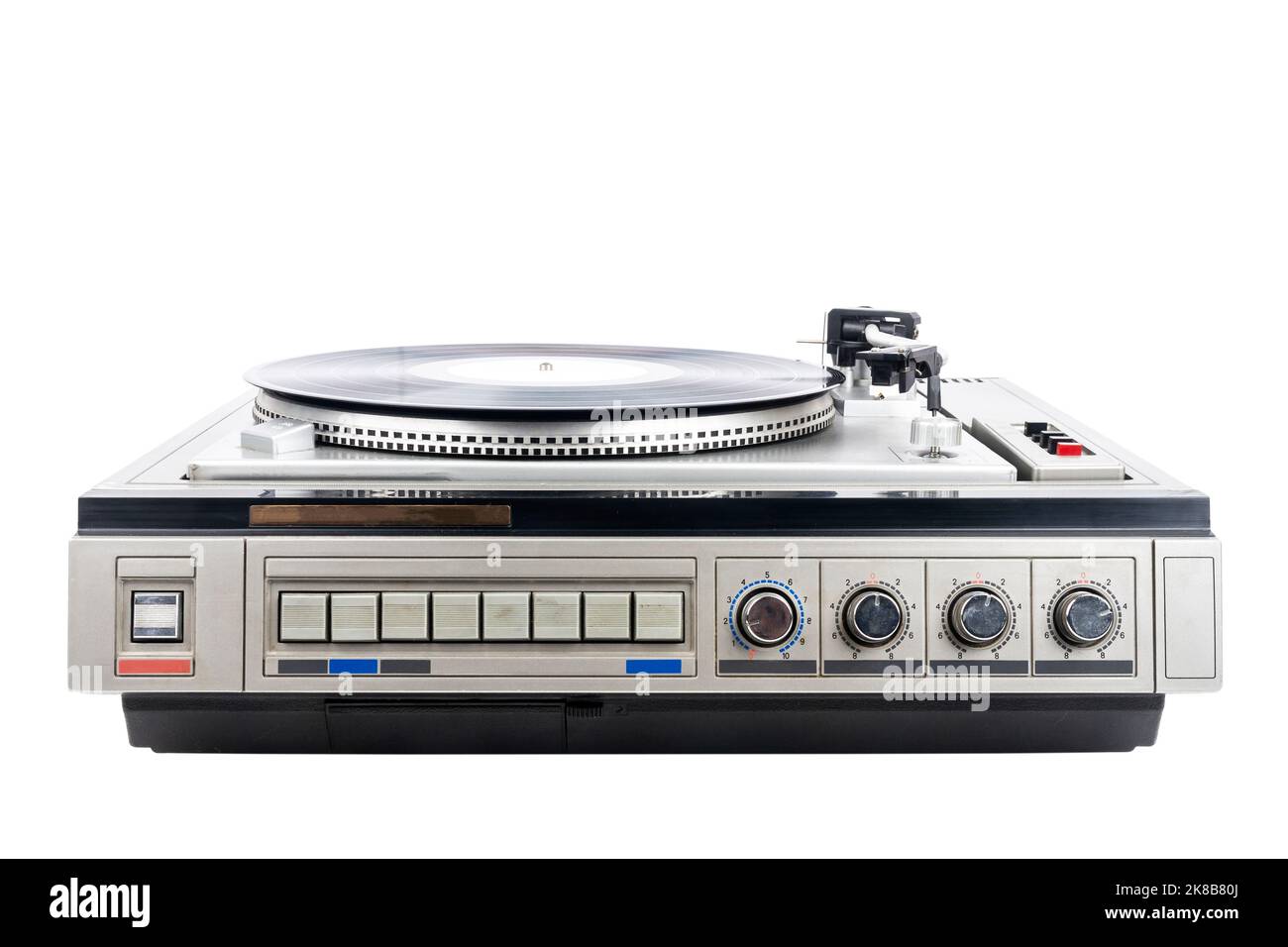 Vintage turntable record player with black vinyl isolated on white ...