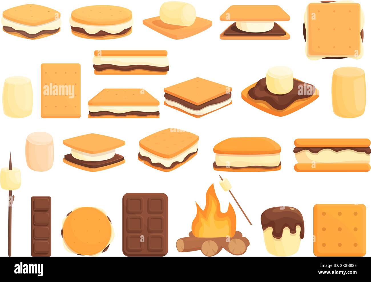 Smore icons set cartoon vector. American bakery. Camp chocolate Stock Vector