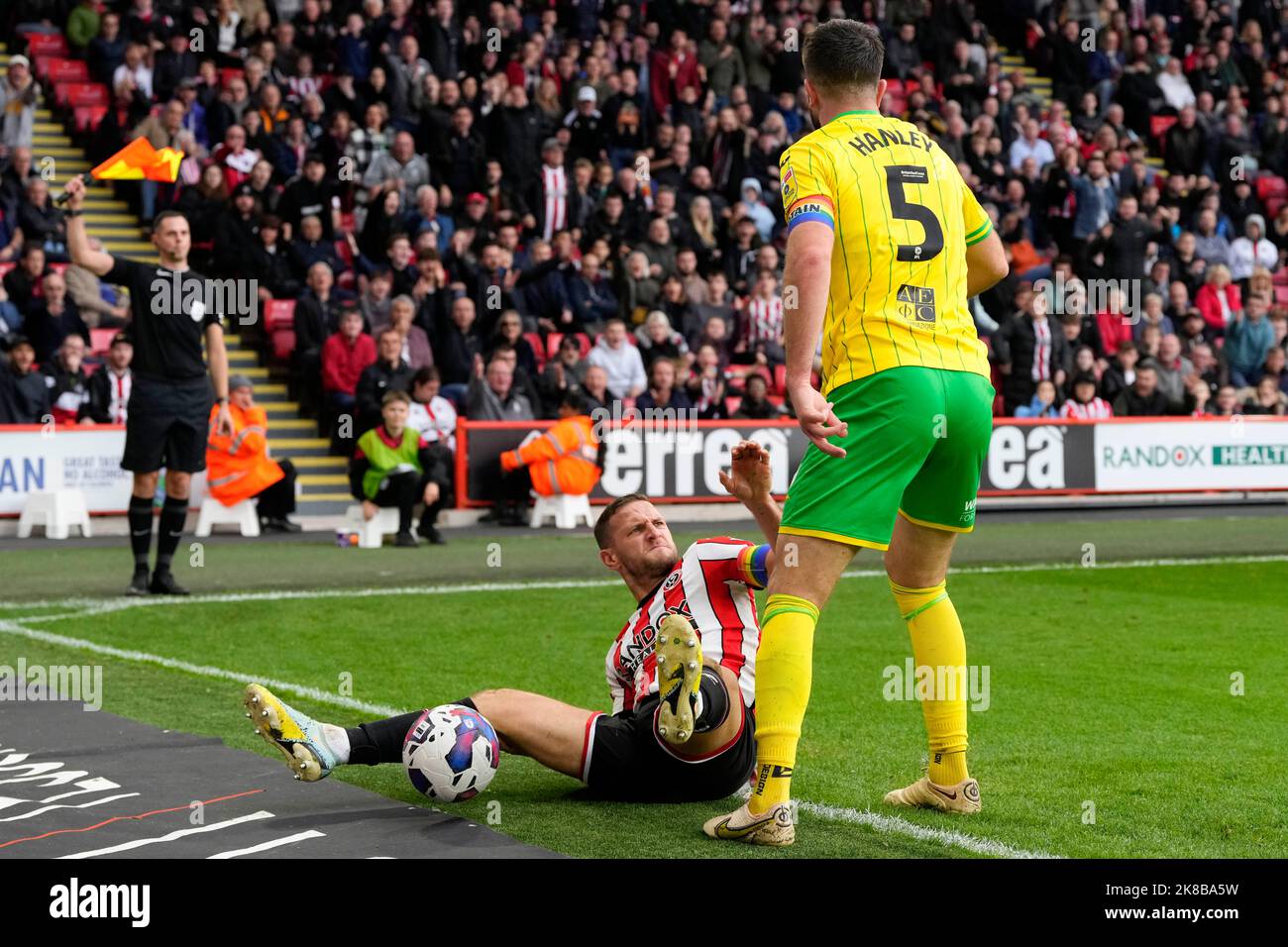 Billy Sharp #10 of Sheffield United reacts to a foul by Grant Hanley #5 of Norwich City during the Sky Bet Championship match Sheffield United vs Norwich City at Bramall Lane, Sheffield, United Kingdom, 22nd October 2022  (Photo by Steve Flynn/News Images) Stock Photo