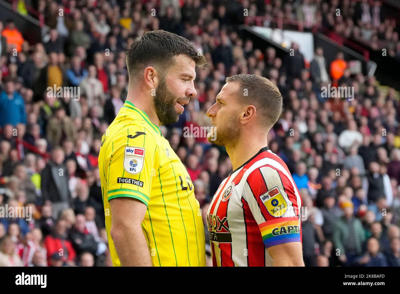 Grant Hanley #5 of Norwich City and Billy Sharp #10 of Sheffield United go head to head during the Sky Bet Championship match Sheffield United vs Norwich City at Bramall Lane, Sheffield, United Kingdom, 22nd October 2022  (Photo by Steve Flynn/News Images) Stock Photo