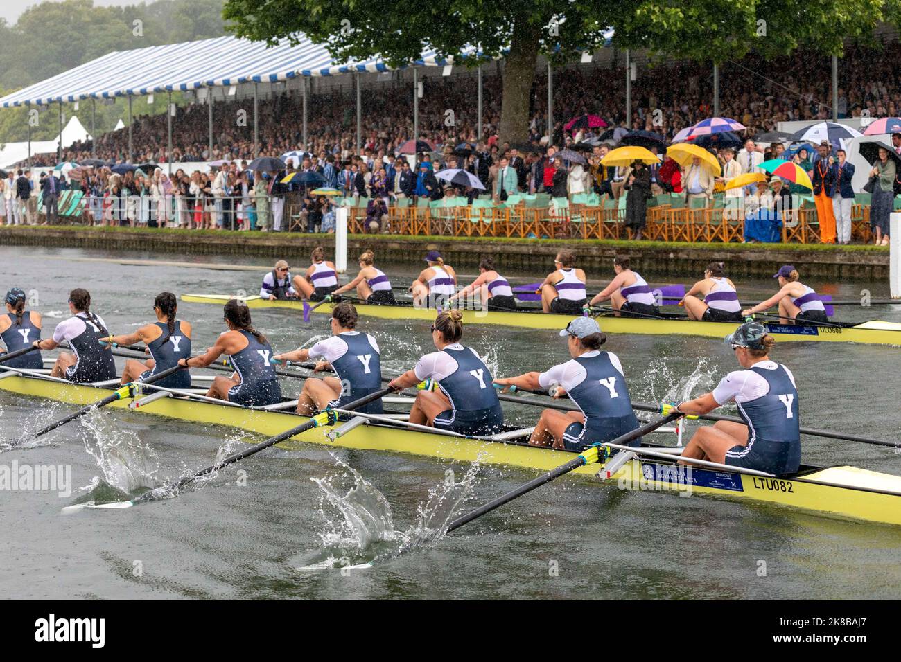 Henley Royal Regatta, an annual rowing event, takes place on the River Thames.   Pictured: Yale University, USA (L) races against University of London Stock Photo