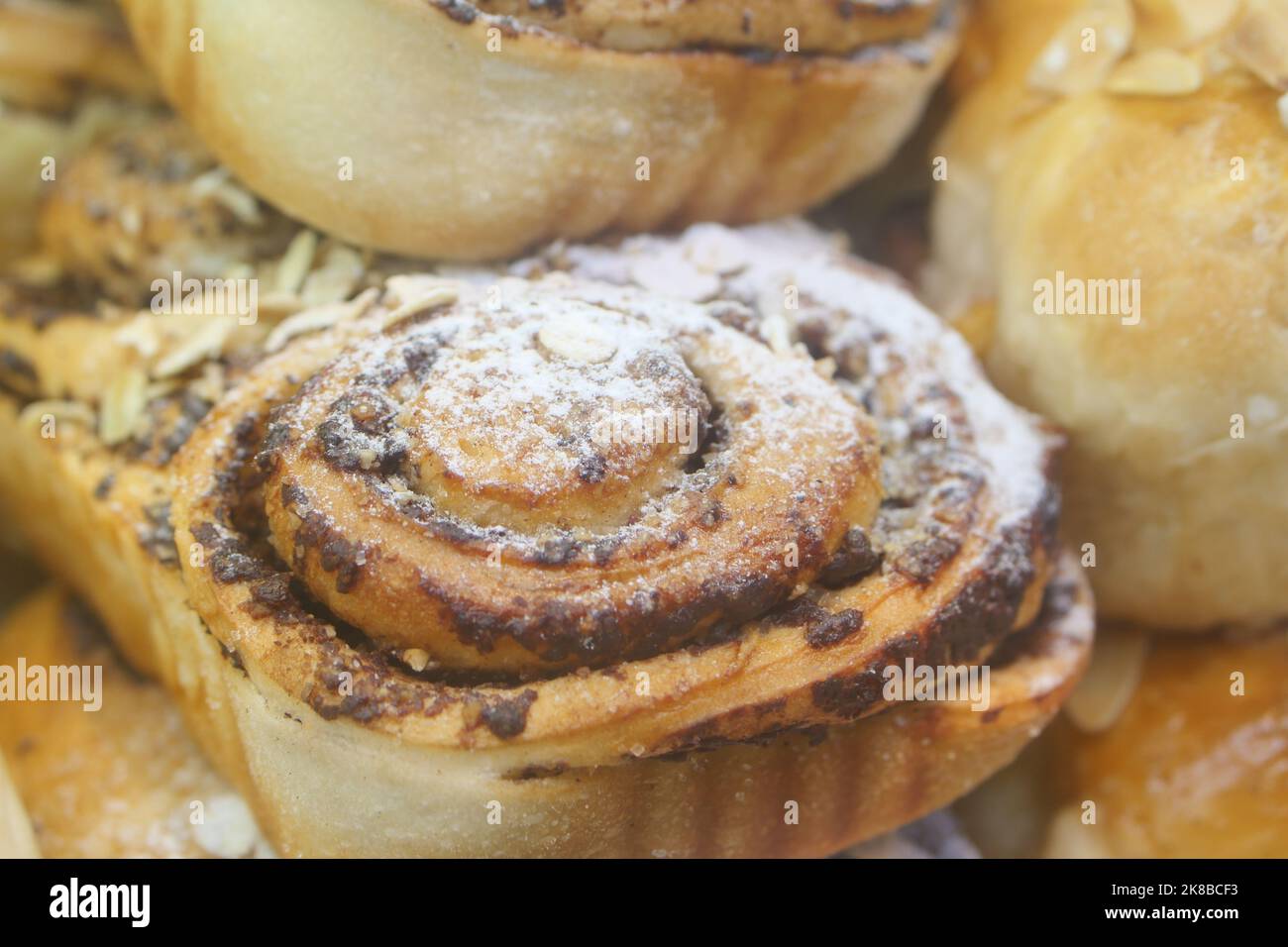close up cinnamon danish roll on table Stock Photo