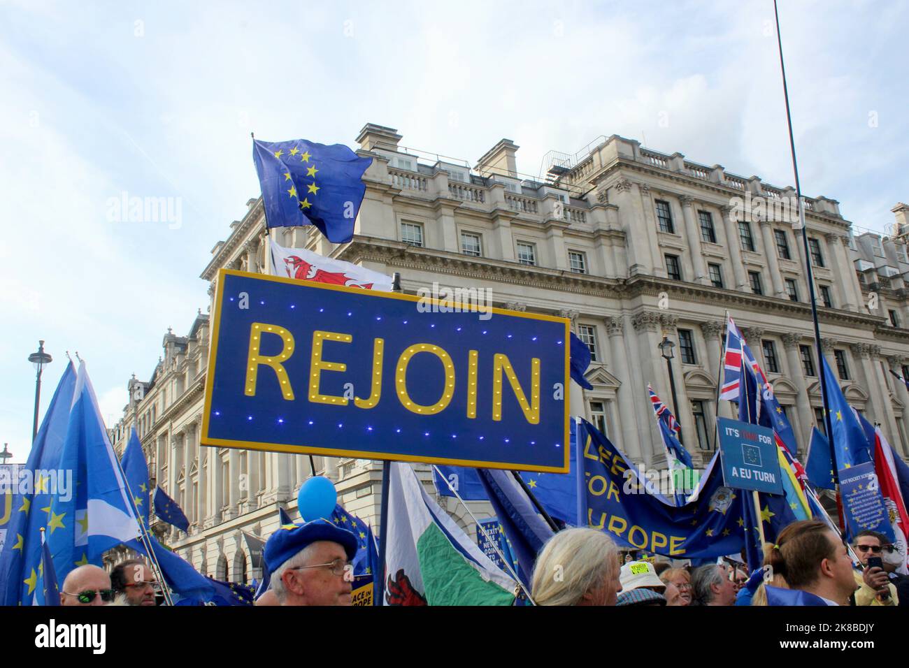 illuminated rejoin sign at the first ever national rejoin the european union march in central london england UK 22nd october 2022 Stock Photo