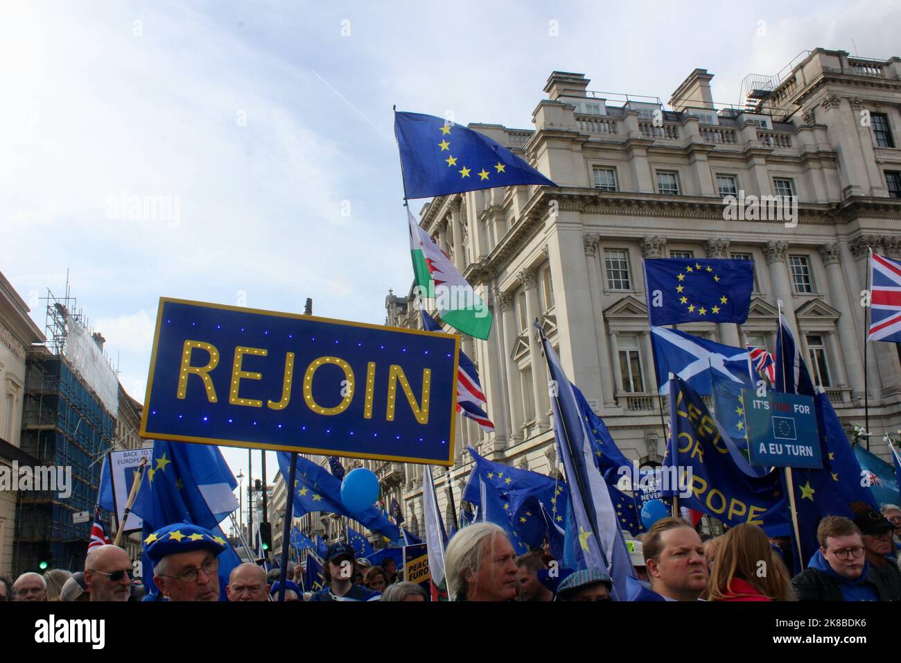 illuminated rejoin sign at the first ever national rejoin the european union march in central london england UK 22nd october 2022 Stock Photo