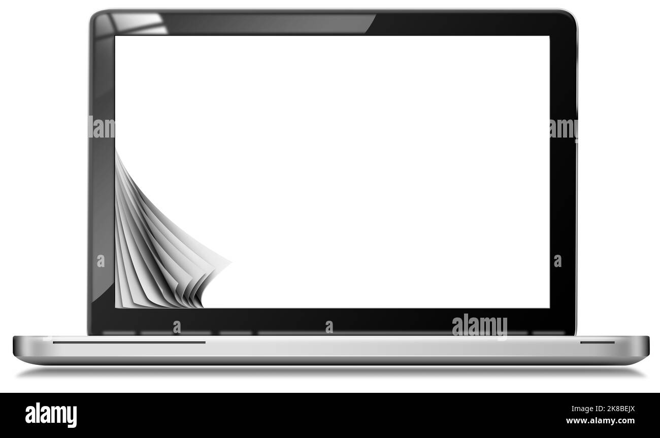 3D illustration of a modern laptop computer with blank screen and curled pages, isolated on white  background, front view. Stock Photo