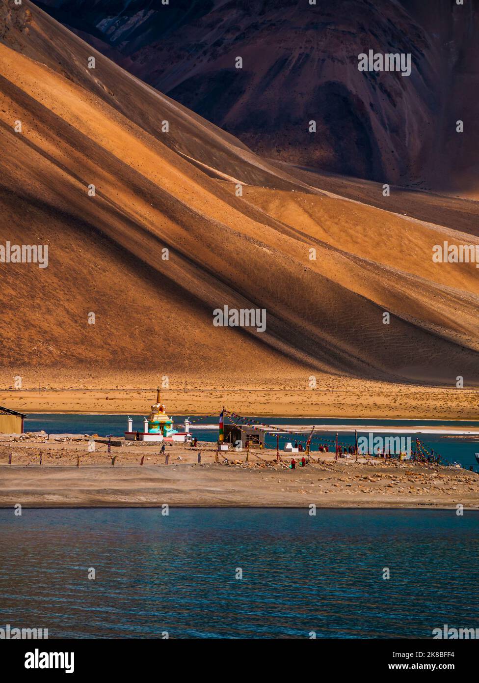 Buddhist stupa at Pangong Lake, world’s highest saltwater lake dyed in