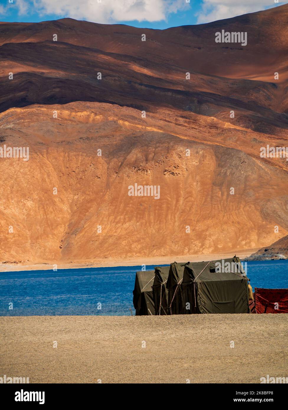 Indian Army tents near Pangong Lake world’s highest saltwater lake dyed
