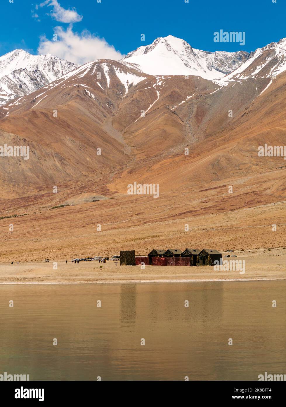 Indian Army tents near Pangong Lake world’s highest saltwater lake dyed