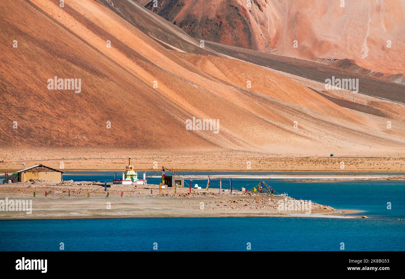 Buddhist stupa at Pangong Lake, world’s highest saltwater lake dyed in