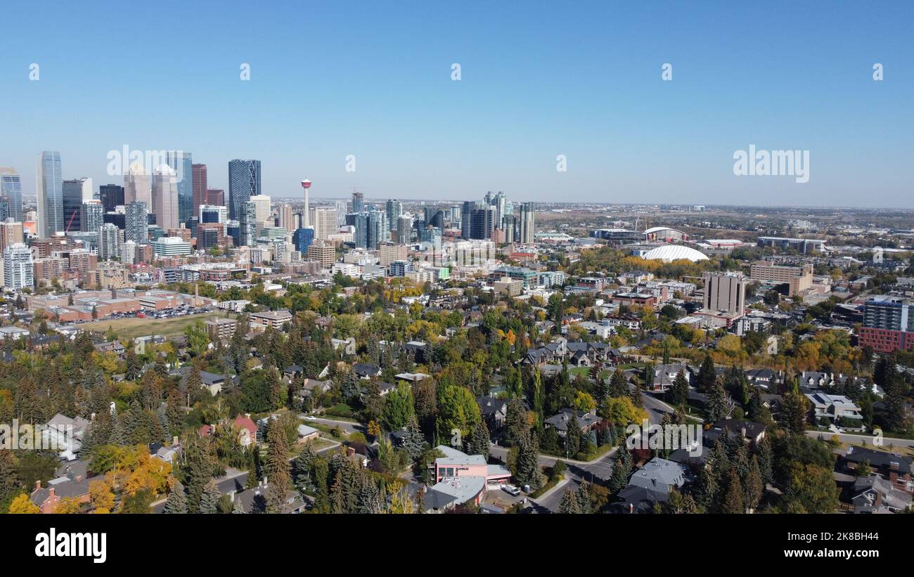 Aerial view of Calgary skyline, taken from Earl Grey park, facing NorthEast, during the Fall, with a clear blue sky. Stock Photo