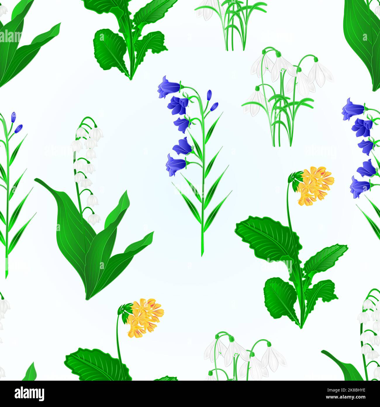 Seamless texture spring flowers lily of the valley ,snowdrops,bluebell  campanula and primrose vintage vector botanical illustration editable hand dra Stock Vector