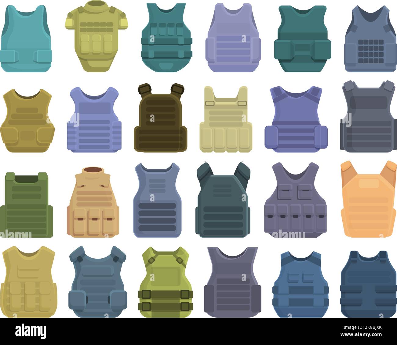 Bulletproof vest icons set cartoon vector. Armor body. Bodyguard vest
