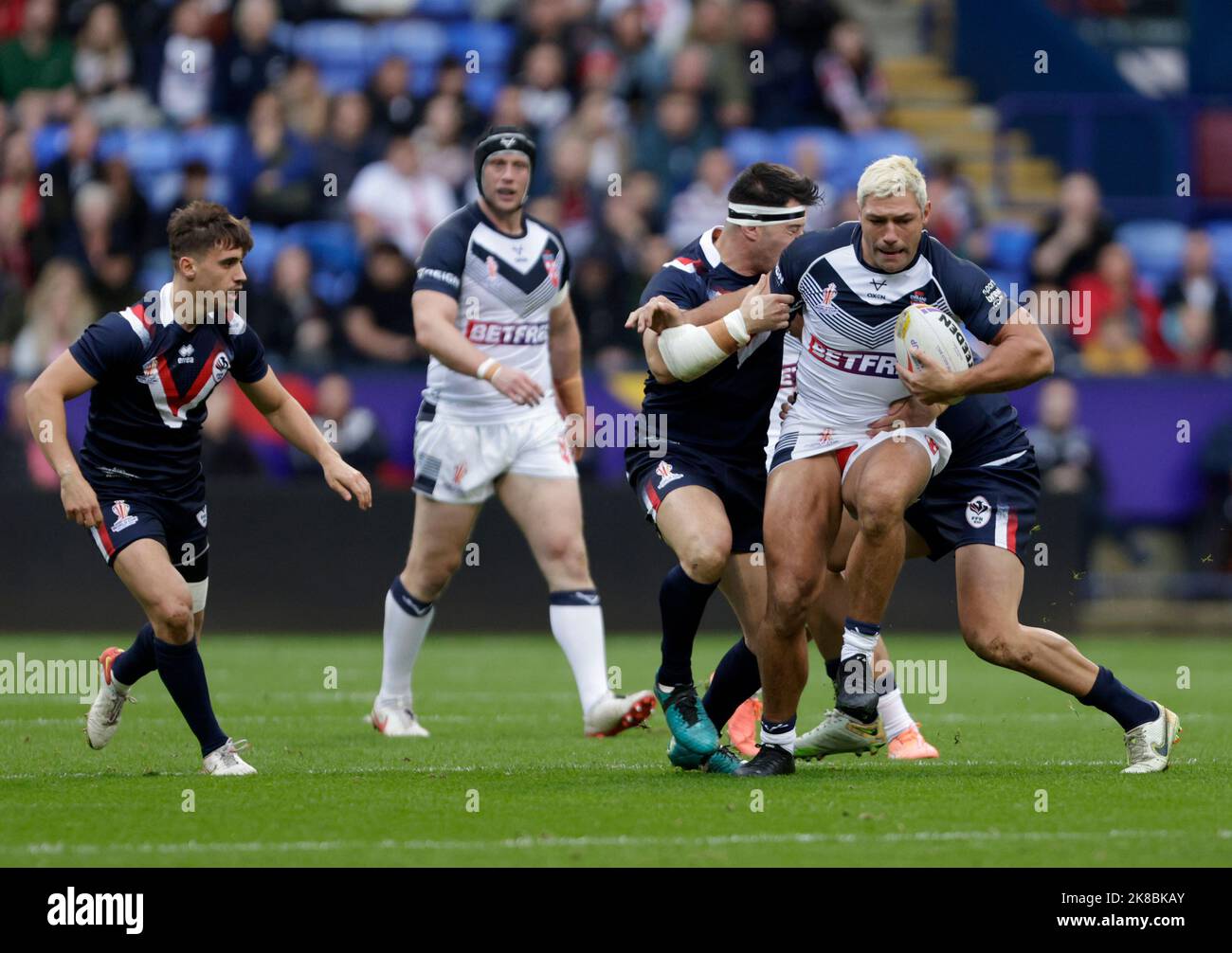England's Ryan Hall is tackled during the Rugby League World Cup group ...